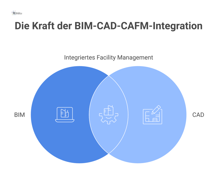Infografik: Integration von BIM & CAD Ein digitaler Zwilling eines Gebäudes, umgeben von Icons, die Vorteile wie zentrale Daten, effiziente Instandhaltung und Flächenmanagement visualisieren.