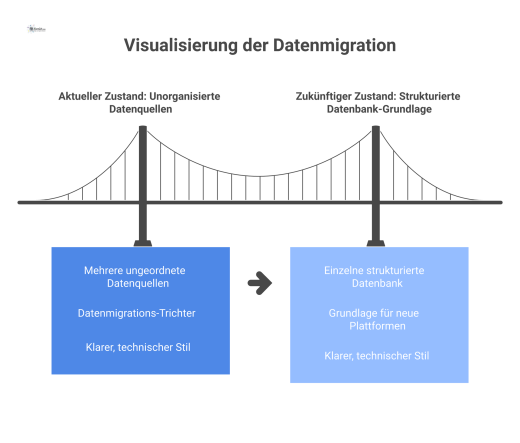 Diagramm zeigt Datenmigration von ungeordneten Quellen über einen Bereinigungstrichter in eine einzige, strukturierte Datenbank für neue Plattformen.