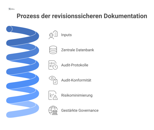 Infografik, die den Prozess der revisionssicheren Dokumentation von Inputs über eine Datenbank und Audit-Protokolle bis zu den Ergebnissen darstellt.
