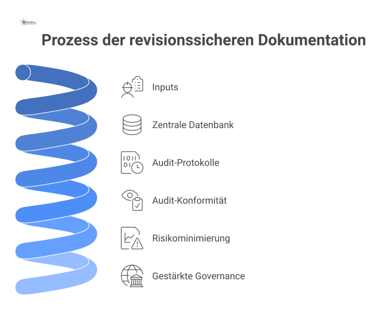 Prozess der revisionssicheren Dokumentation Infografik, die den Prozess der revisionssicheren Dokumentation von Inputs über eine Datenbank und Audit-Protokolle bis zu den Ergebnissen darstellt.