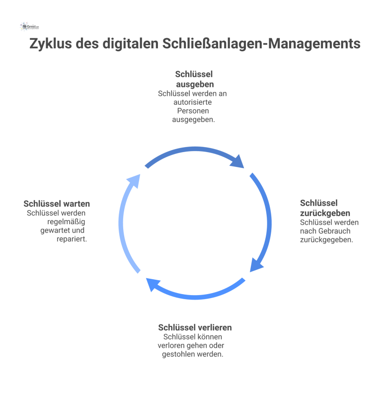 Digitales Schließanlagen-Managementsystem Diagramm eines digitalen Schließsystems, das Personen, Schlüssel und Räume vernetzt und Schließhierarchien sowie den Lebenszyklus von Schlüsseln darstellt.