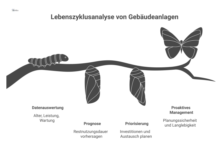 Lebenszyklusanalyse von Gebäudeanlagen Infografik, die den Lebenszyklus von Gebäudeanlagen von der Datenauswertung über die Prognose der Restnutzungsdauer bis zur Investitions-Roadmap darstellt.