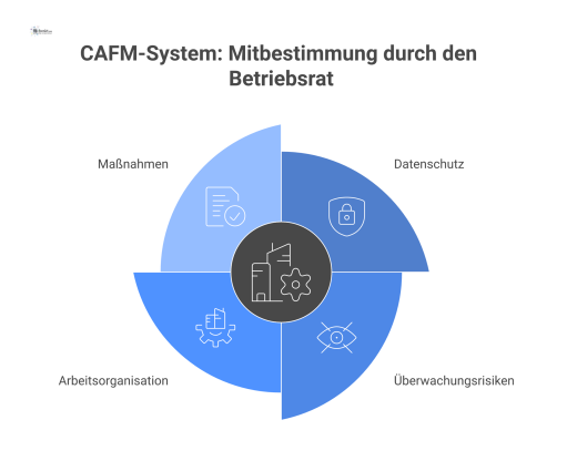 Diagramm zur CAFM-System Einführung aus Sicht der Mitbestimmung mit den vier Hauptbereichen Datenschutz, Überwachungsrisiken, Arbeitsorganisation und notwendige Maßnahmen.