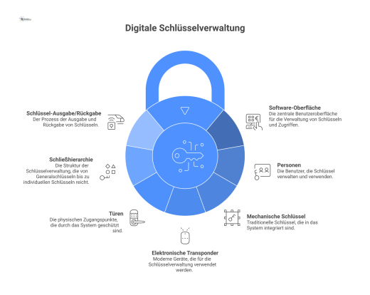 Diagramm eines digitalen Schlüsselmanagementsystems, das die zentrale Software-Oberfläche mit Personen, Schlüsseln, Transpondern, Türen und der Schließhierarchie verbindet.