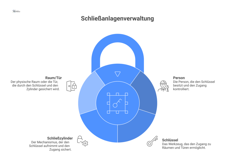 Infografik zur Schließanlagenverwaltung Infografik, die die hierarchischen Verknüpfungen zwischen Person, Schlüssel, Zylinder und Tür in einer Schließanlage visualisiert.