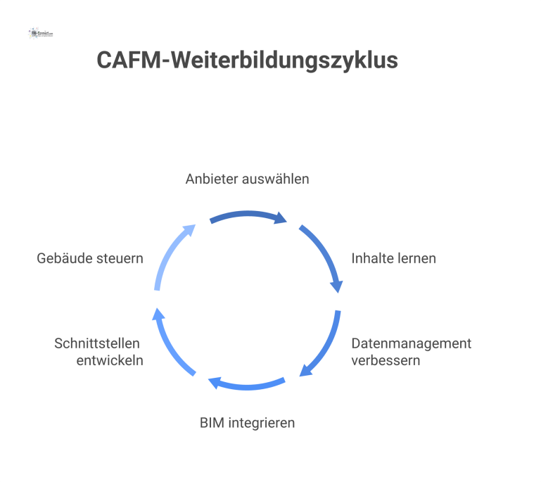 Mindmap zur CAFM-Weiterbildung Mindmap über CAFM-Weiterbildung, die Anbieter, Inhalte wie Datenmanagement und BIM, und das Ziel der wirtschaftlichen Gebäudesteuerung darstellt.