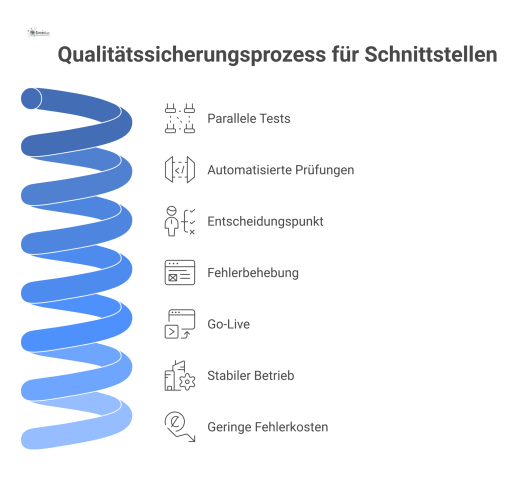 Flussdiagramm eines Qualitätssicherungsprozesses für Schnittstellen mit parallelen Tests, automatisierten Prüfungen und einem Entscheidungspunkt vor dem Go-Live.